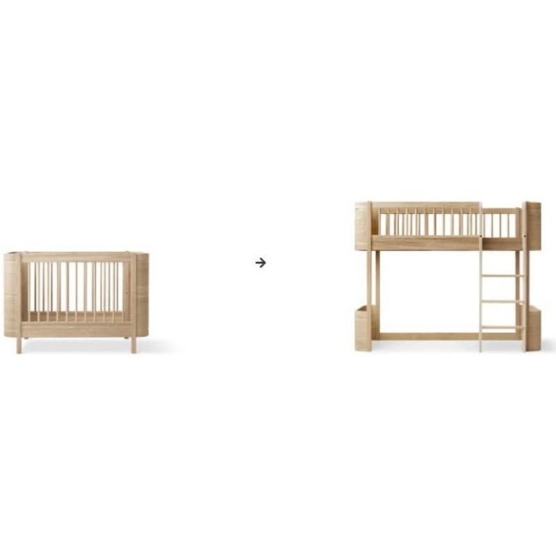 Oliver Furniture - Łóżeczko Wood Mini+ z zestawem do rozbudowy na łóżko Junior Kit na antresoli - Oak