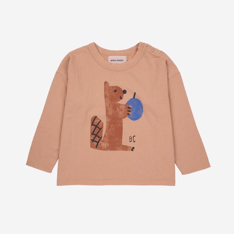 Bobo Choses - Bawełniany longsleeve z nadrukiem Baby Hungry Squirrel T-shirt - light brown