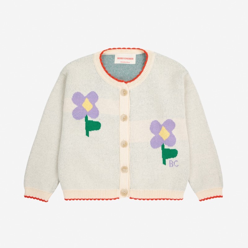 Bobo Choses - Dzianinowy kardigan z guzikami Baby Pansy Flower - offwhite