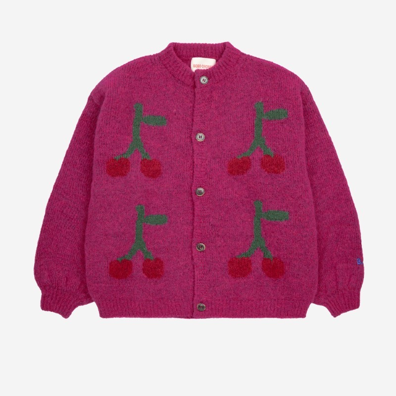 Bobo Choses - Dzianinowy kardigan z guzikami Kids Bobo Cherry intarsia - fuchsia