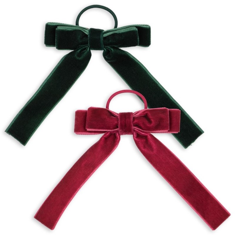 Konges Slojd - Gumki do włosów z aksamitnymi kokardkami Velvet Double Bow Elastic 2-pak - green/sangria